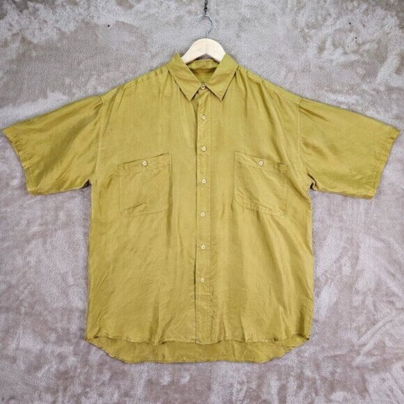 Vintage Fuzi Silks 100% Silk Shirt Italian Style Yellow Button-Down Men's Size M - Picture 2 of 15